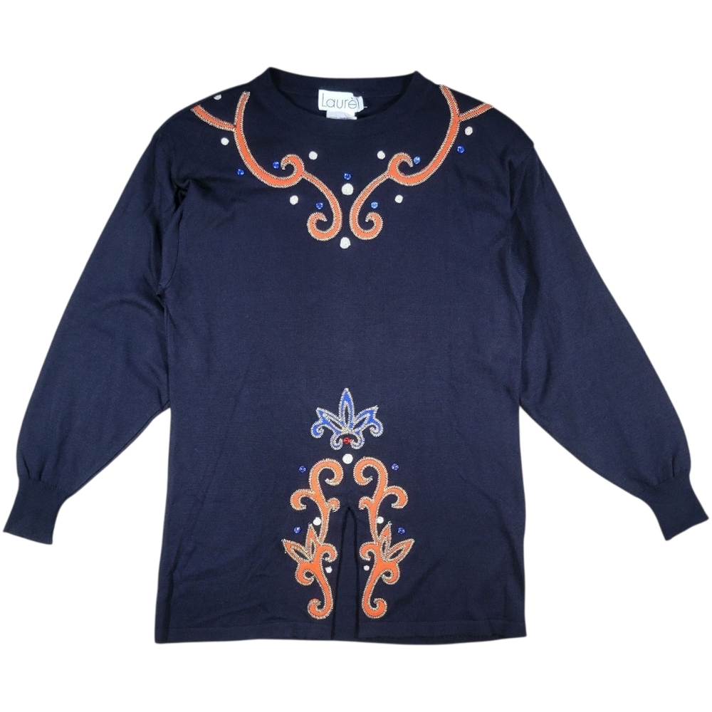 VTG‎ Laurel Escada Tunic Sweater Womens 34 US 4 Black Knit Embroidered Crewneck